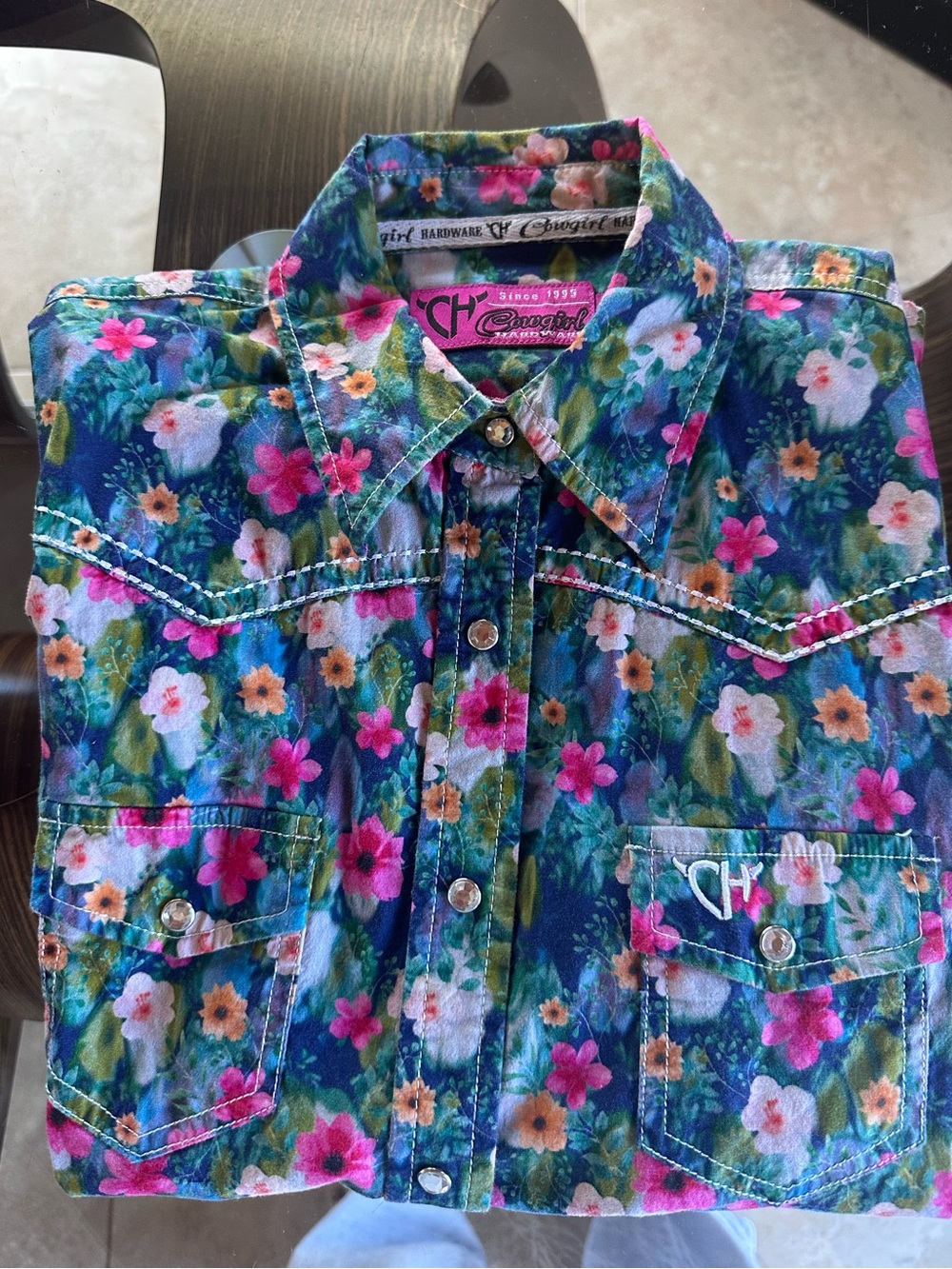 Girls Navy "Floral Monet" Long Sleeve Western Shirt- Cowgirl Hardware